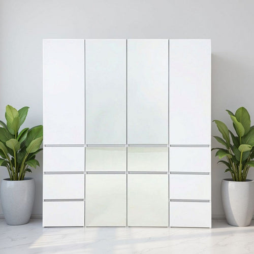 Ely Closet Cabinet Set | 2 Mirror Doors | 8 Drawers | 71" | White Wood
