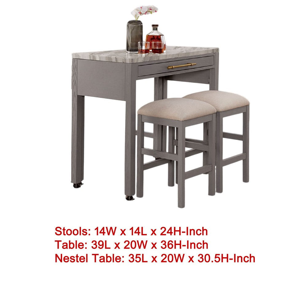 Helly 3pc Counter Height Table & 2 Stool Set | Gray Faux Marble Top BM337256