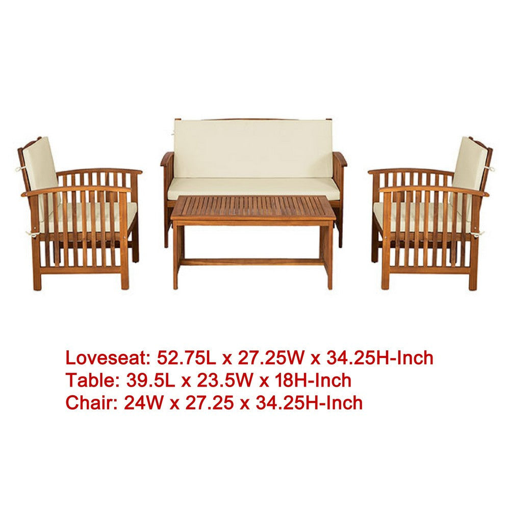 Kaila 4pc Patio Sofa Chair & Coffee Table Set | Beige Cushions | Brown Wood BM337264