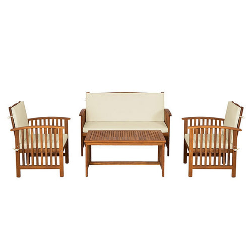 Kaila 4pc Patio Sofa, Chair & Coffee Table Set | Beige Cushions | Brown Wood