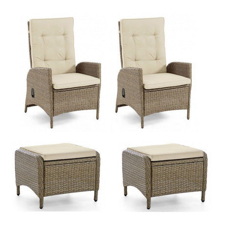 Ankia 4pc Outdoor Reclining Chair & Ottoman Set | Beige Brown Woven