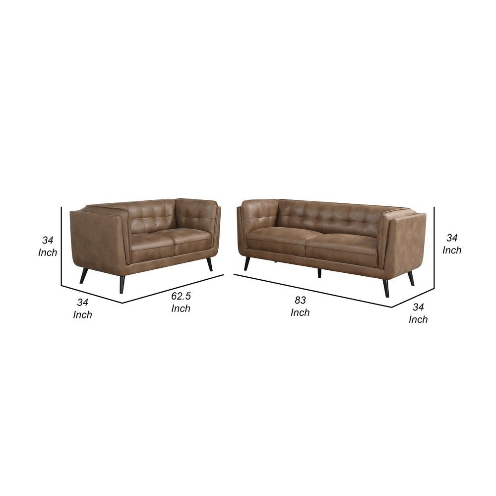 Tanny 2pc Classic Sofa & Loveseat Set | Grid Tufted Brown Faux Leather BM337789