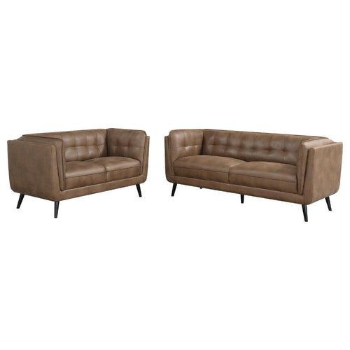 Tanny 2pc Classic Sofa & Loveseat Set | Grid Tufted Brown Faux Leather