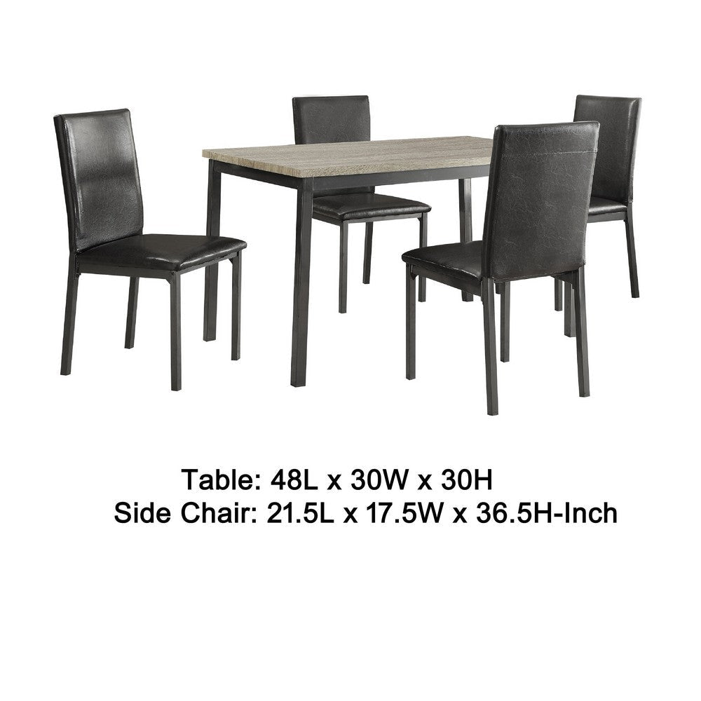 Raza Dining Table Set | Weathered Gray | 4 Black Faux Leather Chairs BM337893