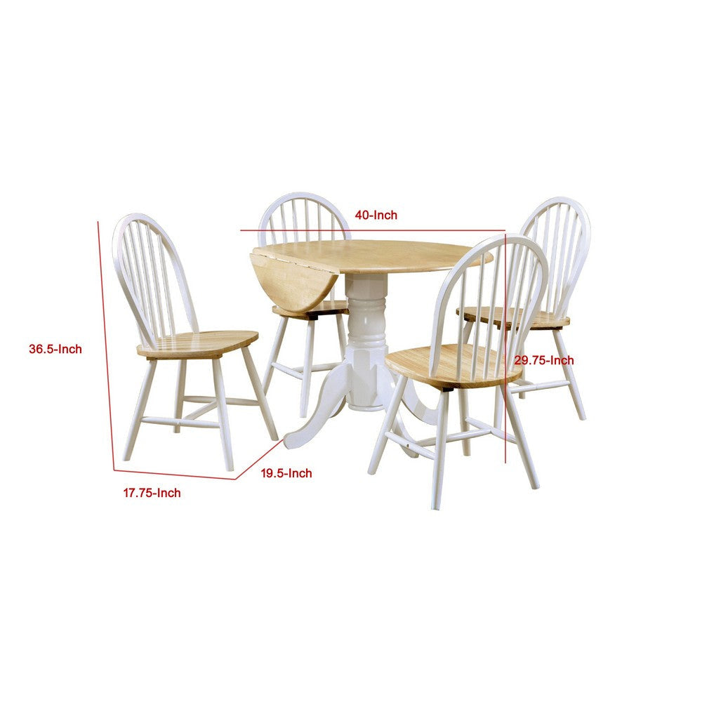 Giva Round Dining Table and 4 Chairs Set | Drop-Leaf | White and Brown BM337895