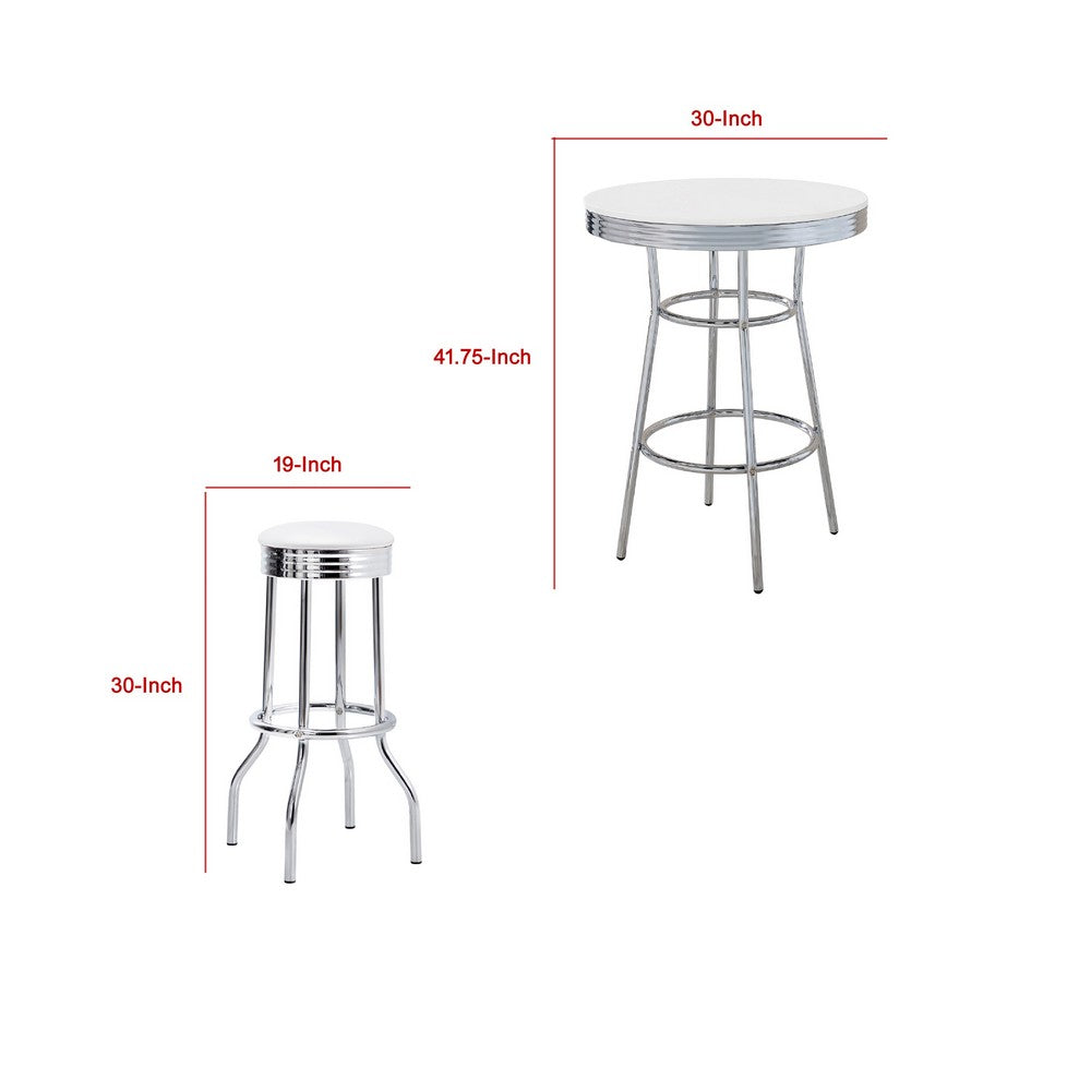 Loy 3pc Retro Bar Table Set | Round White Top | 2 Stools | Chrome Legs