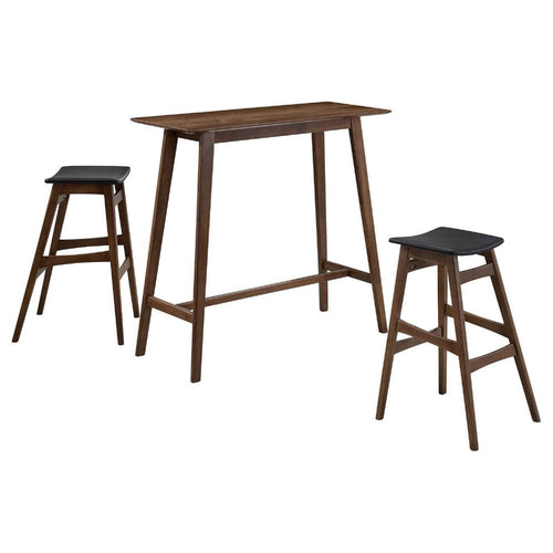 Fin 3pc Bar Height Table Set w 2 Gray Faux Leather Stools | Brown Wood