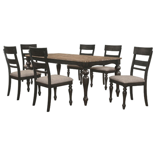 Brad 7pc Dining Table Set | Brushed Hardwood Top | 6 Chairs Light Brown Seats