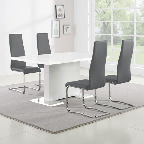 Feni 5pc Dining Table and 4 Gray Faux Leather Chairs | White Gloss