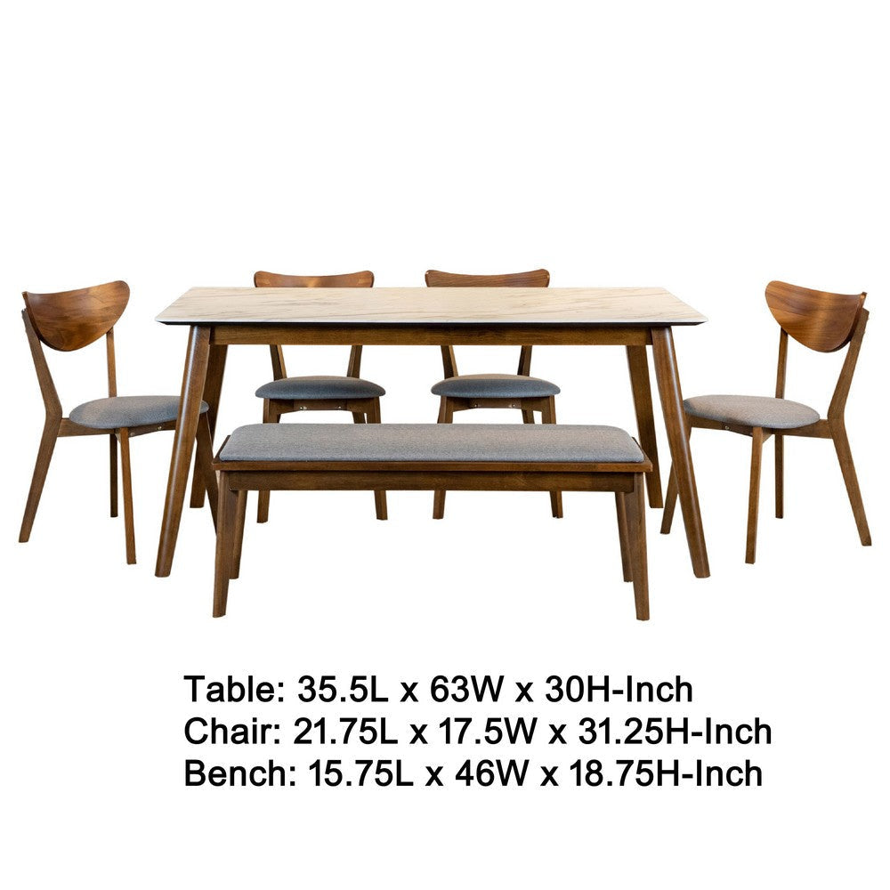 Pero 6pc Dining Table Bench & 4 Chairs | White Faux Marble | Brown BM338025