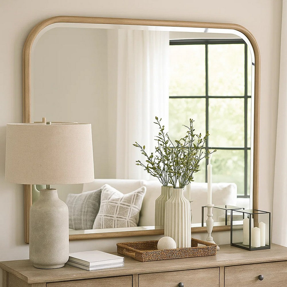 Lno Dresser Mirror, Beige Oak Wood Frame, Rectangular 36 Inch Benjara