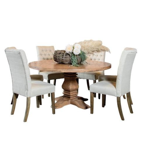Som 7pc Round Dining Table Set | 6 Oatmeal Button Tufted Fabric Chairs
