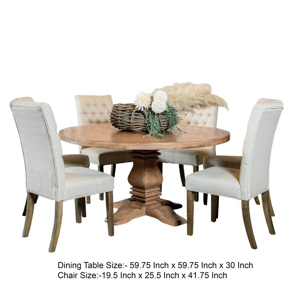 Som 7pc Round Dining Table Set | 6 Oatmeal Button Tufted Fabric Chairs BM338054