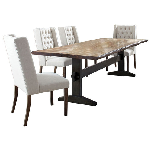 Bexly 5pc Dining Table Set | Honey Brown | 4 Beige Button Tufted Chairs