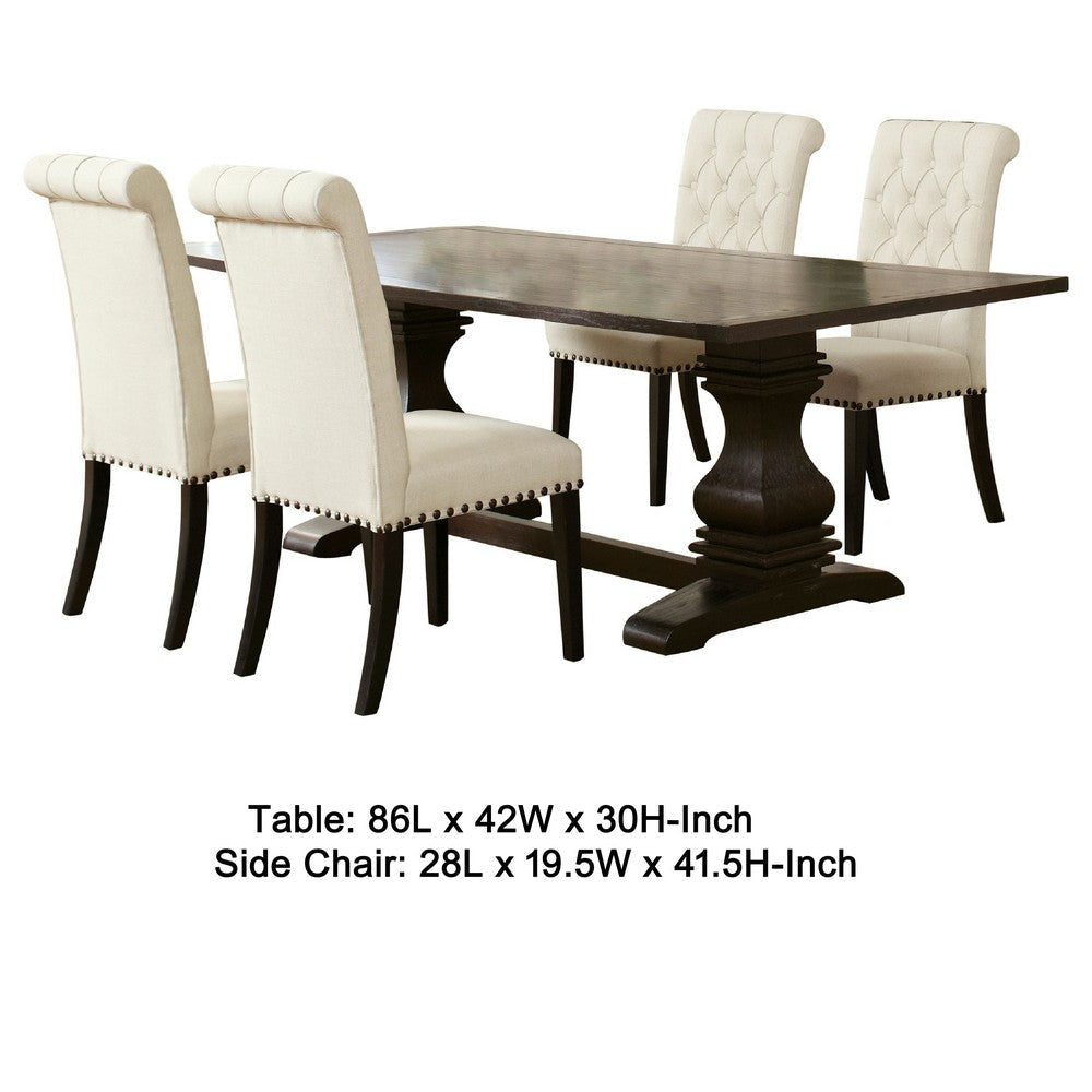 Akins 5pc Dining Table Set | Brown Pine Wood | Button Tufted Beige BM338064