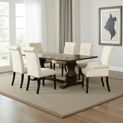 Akins 7pc Dining Table Set | Brown Pine Wood | Button Tufted Beige
