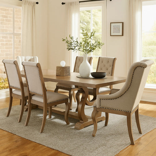 Sev 7pc Dining Table Set | 84-104" Top | 6 Cream Fabric Chairs | Barley Brown