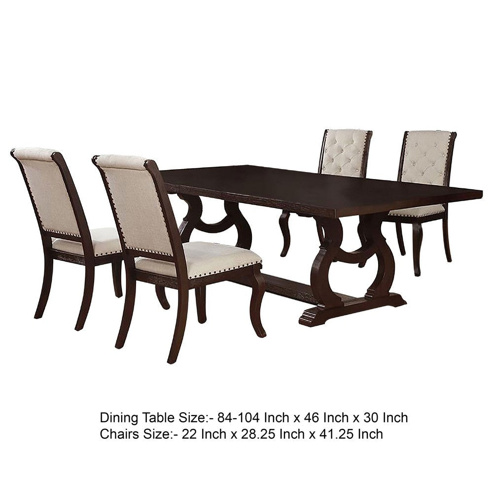Sev 5pc Dining Table Set | 84-104’’ Top | 4 Cream Velvet Chairs | Java Brown BM338074