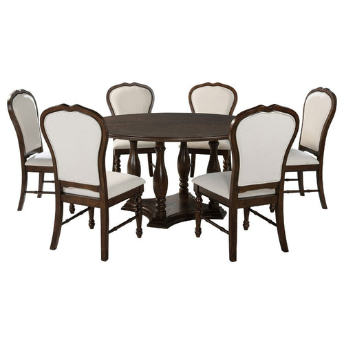 Monta 7pc Round Dining Table Set, Ivory Fabric, Cherry Brown Wood