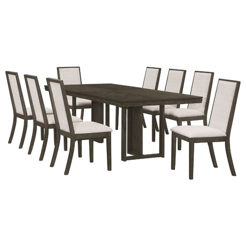Cora 9pc Dining Table Set | Dark Gray Chevron Top | 8 Beige Chairs