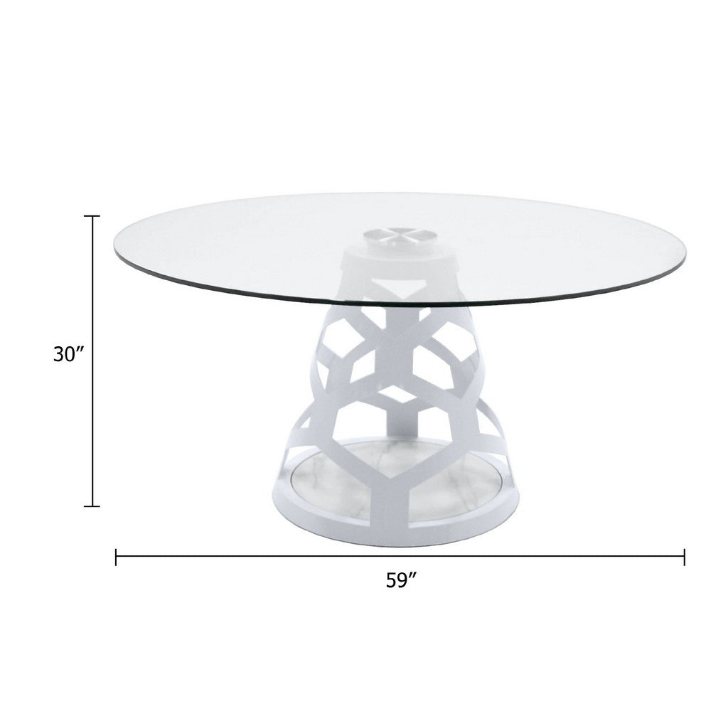 Cid Loku Dining Table | 59" Round Clear Glass Top | White Metal Base