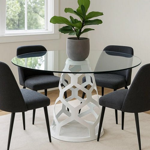 Cid Loku Dining Table | 59" Round Clear Glass Top | White Metal Base