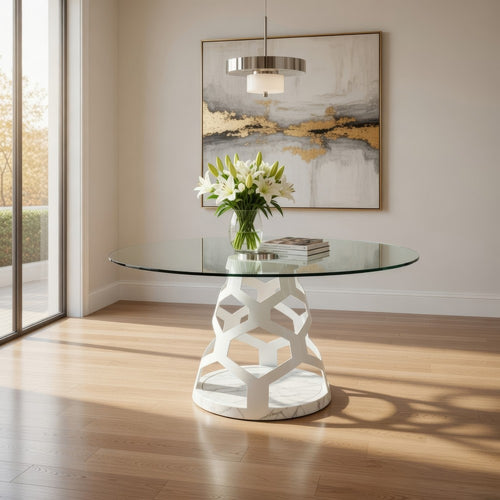 Cid Loku Dining Table | 59" Round Clear Glass Top | White Metal Base