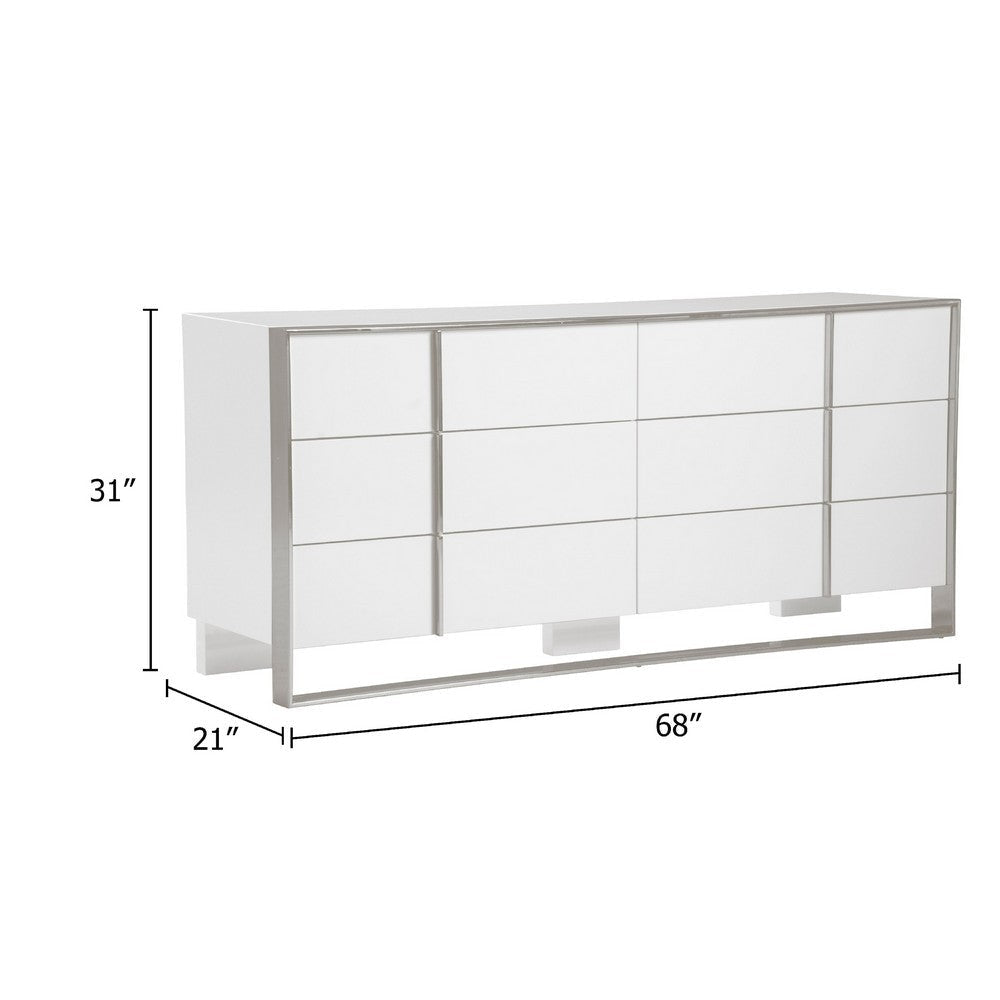 Cid Xato Dresser | Glossy White Wood w Steel Base | 6 Drawers | 68’’ BM338257
