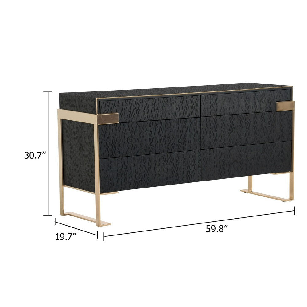 Cid Ruth 60’’ Wide Dresser | 6 Drawers | Wenge Brown Oak Veneer | Gold Steel BM338263