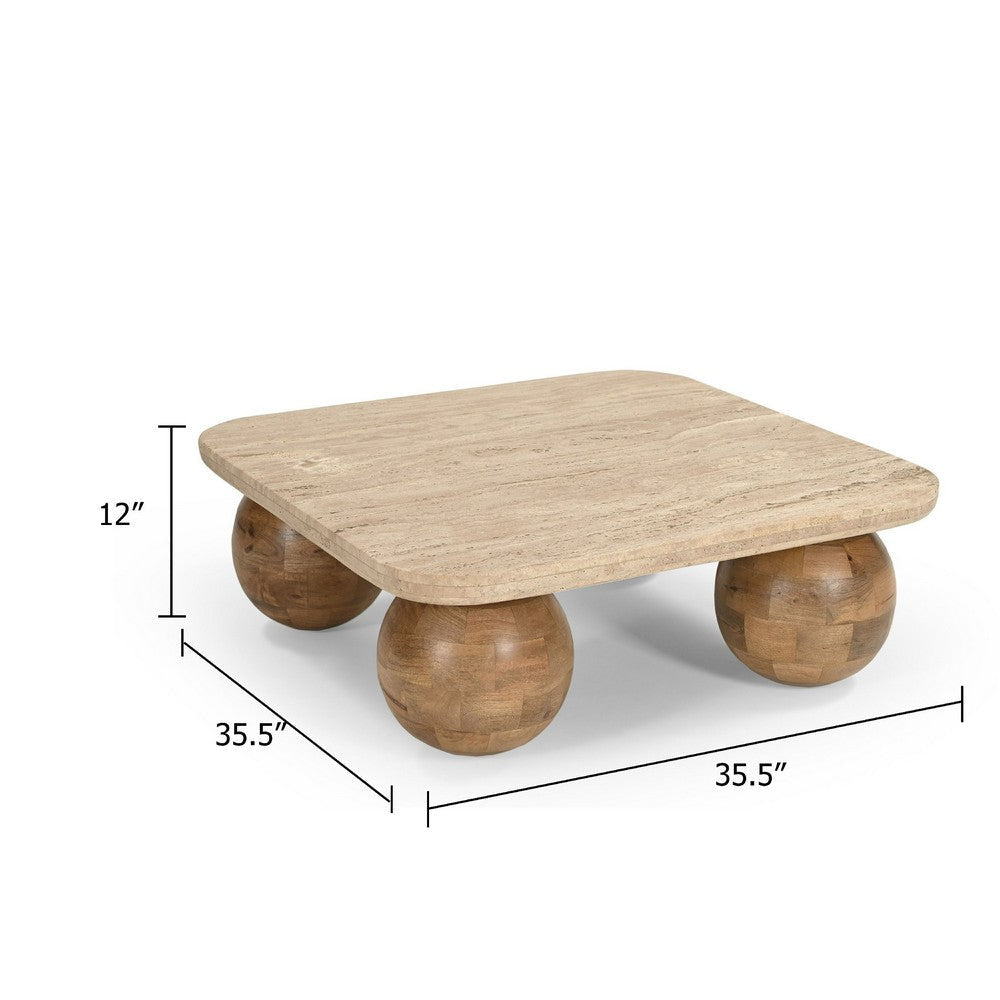 Cid Drift Coffee Table | Square 36’’ Beige Marble Top | Brown Solid Wood BM338281