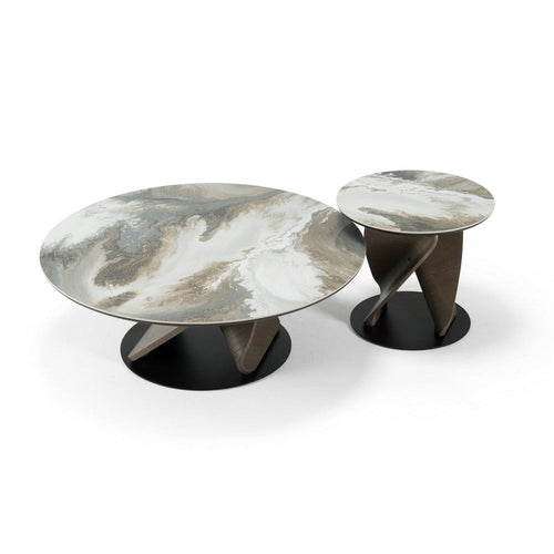 Cid Chif Coffee Table Set of 2 | White Ceramic Tops | Gray Wood Pedestal