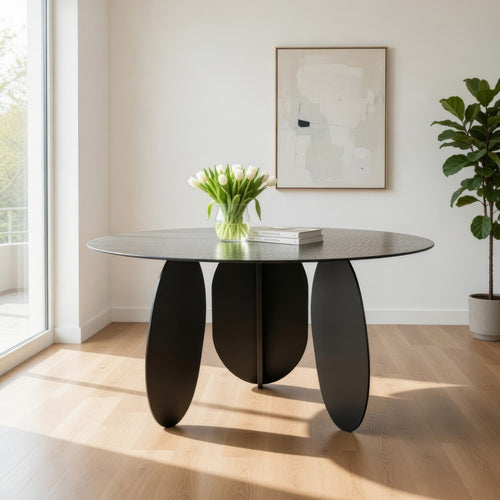 Cid Axen Dining Table | 53" Gray Hammered Glass Top | Black Iron