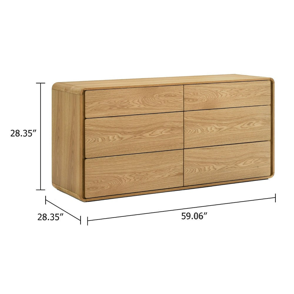 Aki 59’’ Wide Dresser | 6 Drawers | Natural Brown Rubberwood and Veneer BM338299