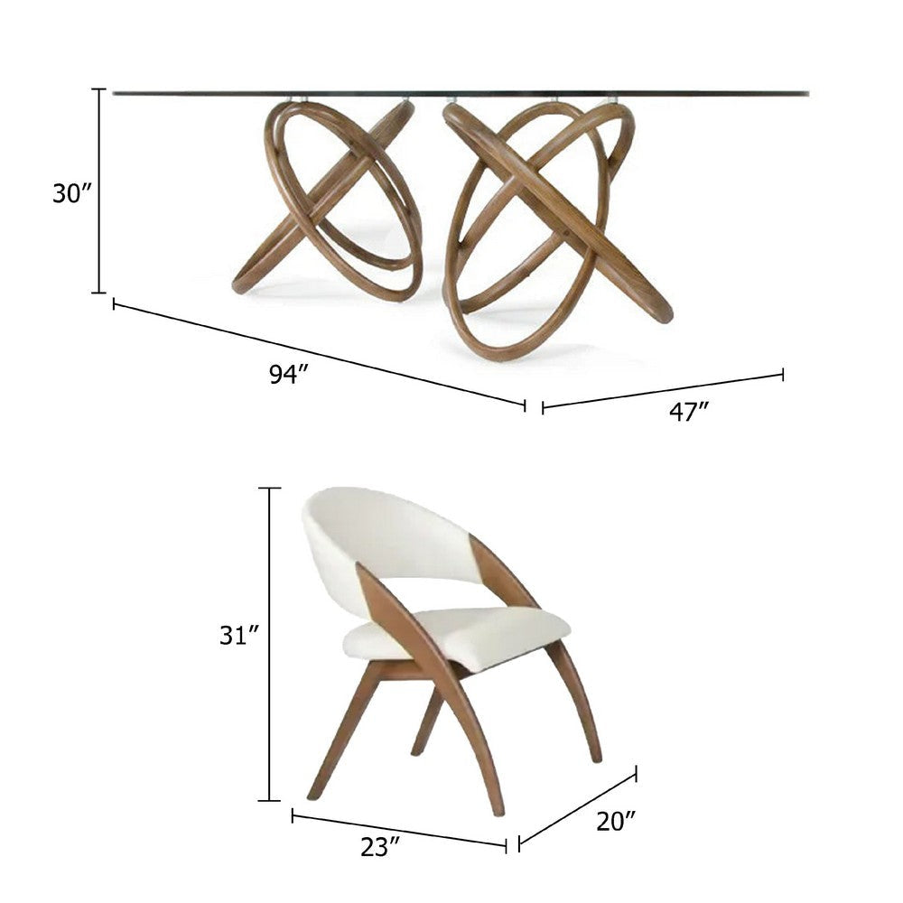 Cid Moji 9pc Glass Dining Table Set | Walnut Wood | 8 Cream Faux Leather Chairs BM338312