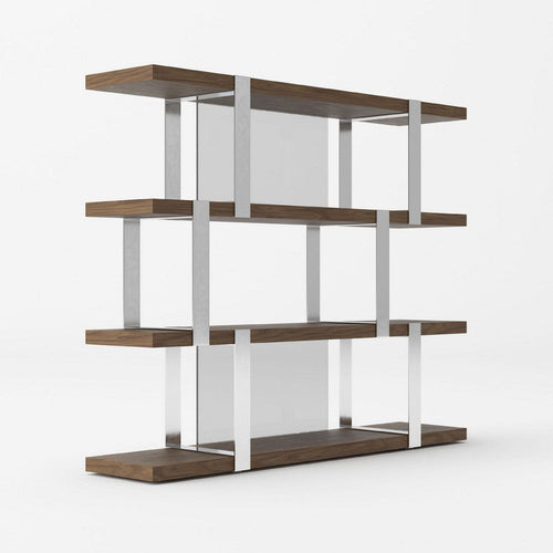 Cid Brow 4 Tier Bookshelf | 71" Stainless Steel w Glass Panel Back | Brown