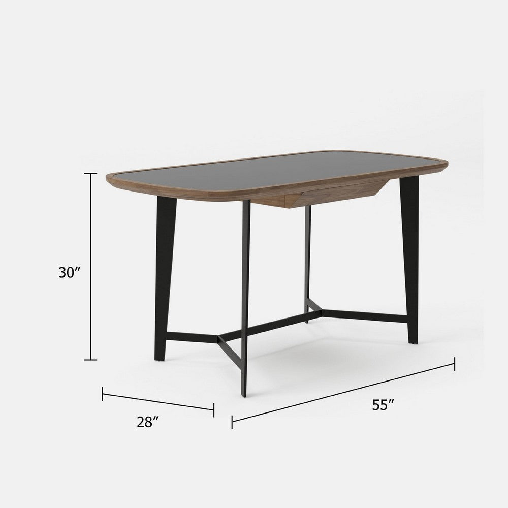 Writing Desk | 55’’ | Brown Veneer | Black Glass Insert Top | Steel Base BM338317