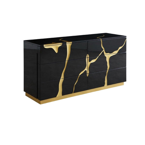 Cid Exie Dresser | Modern Glossy Black with Gold Inlaid Accents | 66"