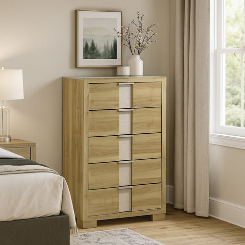 Amey Tall Dresser Chest with 5 Drawers | White Trim & Driftwood Brown Finish