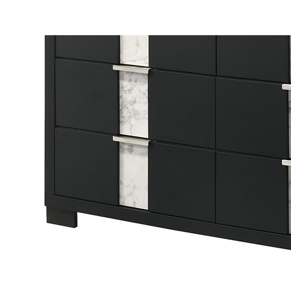 Amey Wide 6 Drawer Dresser | White Marble Trim | Black Wood BM338382