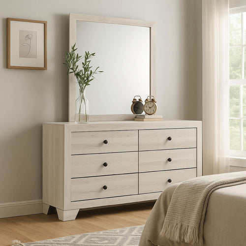 Cuzzy Wide Dresser & Mirror Set w 6 Drawers | White Wood