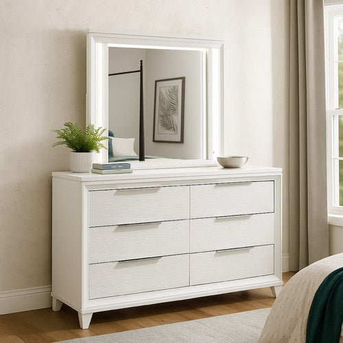 Ressy Wide Dresser & LED Mirror w 6 Drawers | White Wood