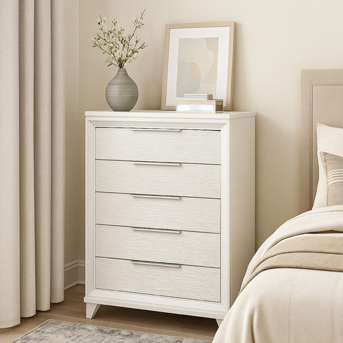 Ressy Tall Dresser Chest w 5 Drawers | Contemporary White Wood