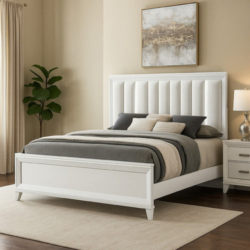 Ressy Queen Platform Bed w LED | Channel Tufted Upholstery | White Wood