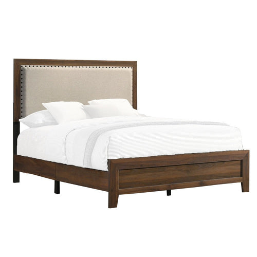 Shannon Queen Bed w Nailhead Trim | Ivory Fabric on Cherry Brown Wood