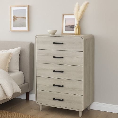 Meni Tall Dresser Chest | 5 Drawers | Metal Handles | Scandinavian White