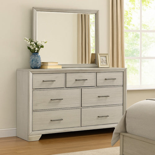 Jeni 2pc Wide Dresser and Mirror Set | 7 Drawers | Rustic White Mist