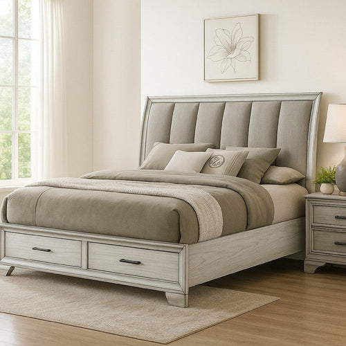 Jeni Queen Size Storage Bed | 2 Drawer Footboard | White Mist Upholstery