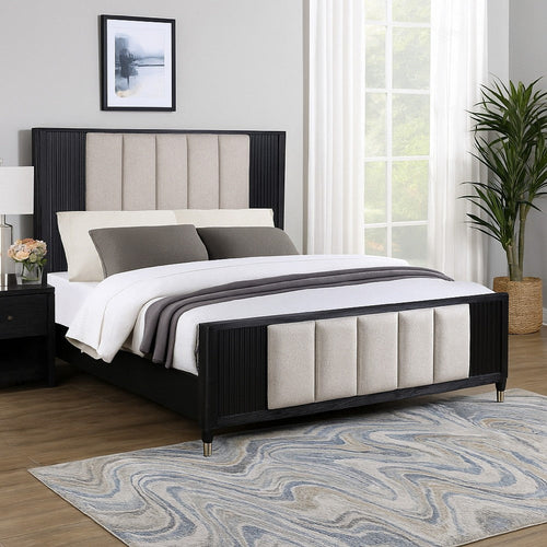 Frey King Size Bed w Tufted Headboard Off White Upholstery | Black