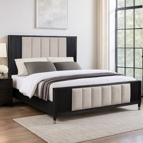 Frey Queen Size Bed w Tufted Headboard Off White Upholstery | Black