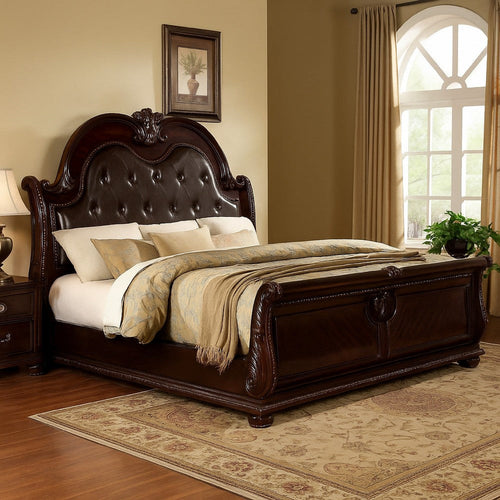 Sany Queen Size Sleigh Bed w Tufted Headboard | Cherry Brown Veneer